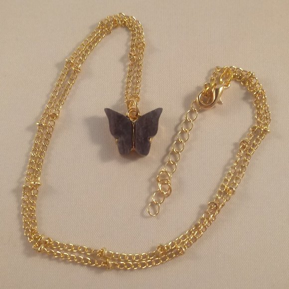 Gold Plated Black Opal Resin Butterfly Earrings Pendant Necklace Set 18" Gift - Picture 2 of 4